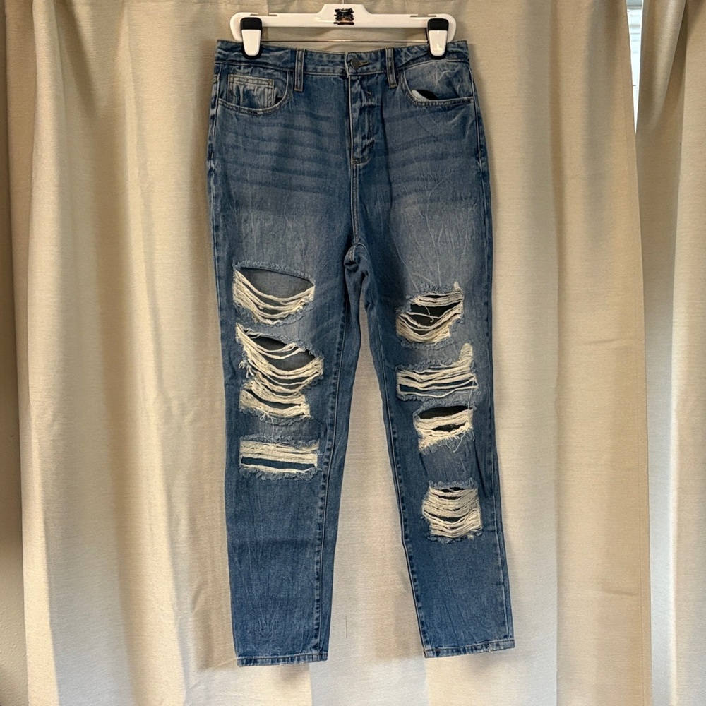 Cello Ripped Blue Straight Leg High Rise Jeans